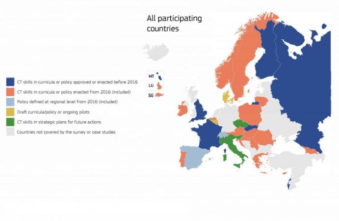 Tyrime dalyvaujančių šalių vaizdinė santrauka su spalvų klasifikacija pagal jų informatinio mąstymo politiką arba mokymo programas, galiojusias iki 2016 m. arba po 2016 m.